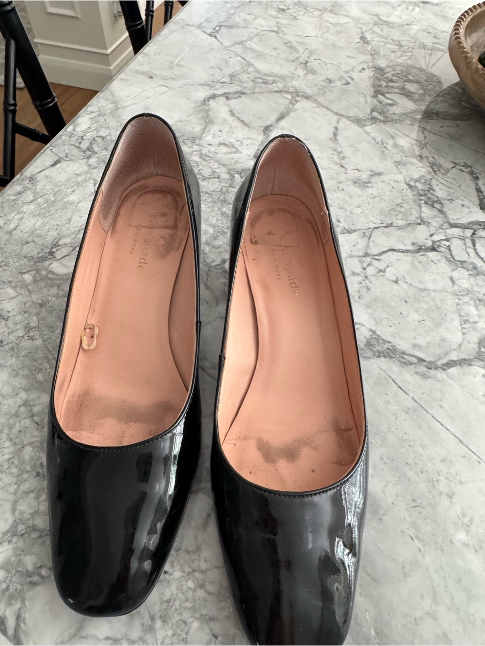 Women’s Kate Spade Black Patent Leather Block Heel Pumps leather bottom